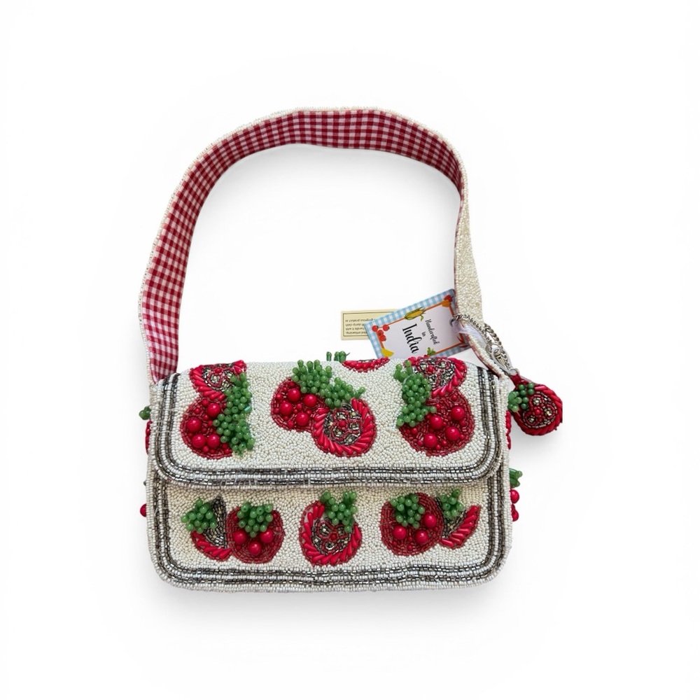 Hand-Beaded Cherry Shoulder Bag - White with Red & Green
